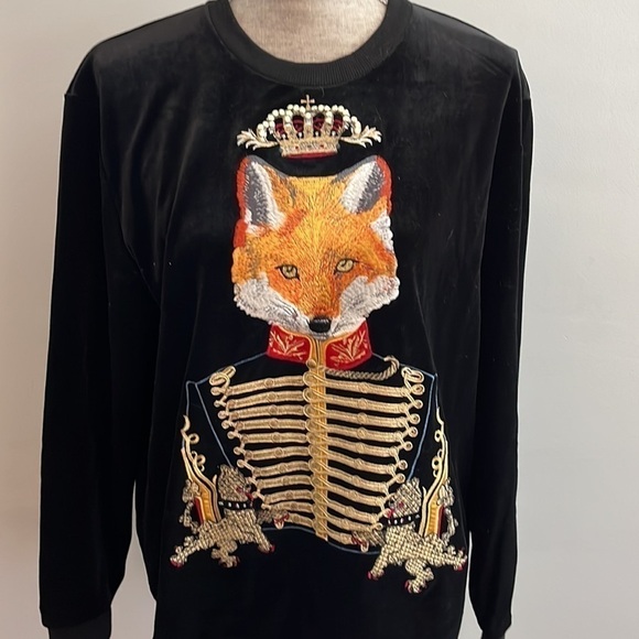 Dolce and Gabbana Black Velvet Royal Fox Sweatshirt in size Medium.  Unisex - Picture 2 of 6